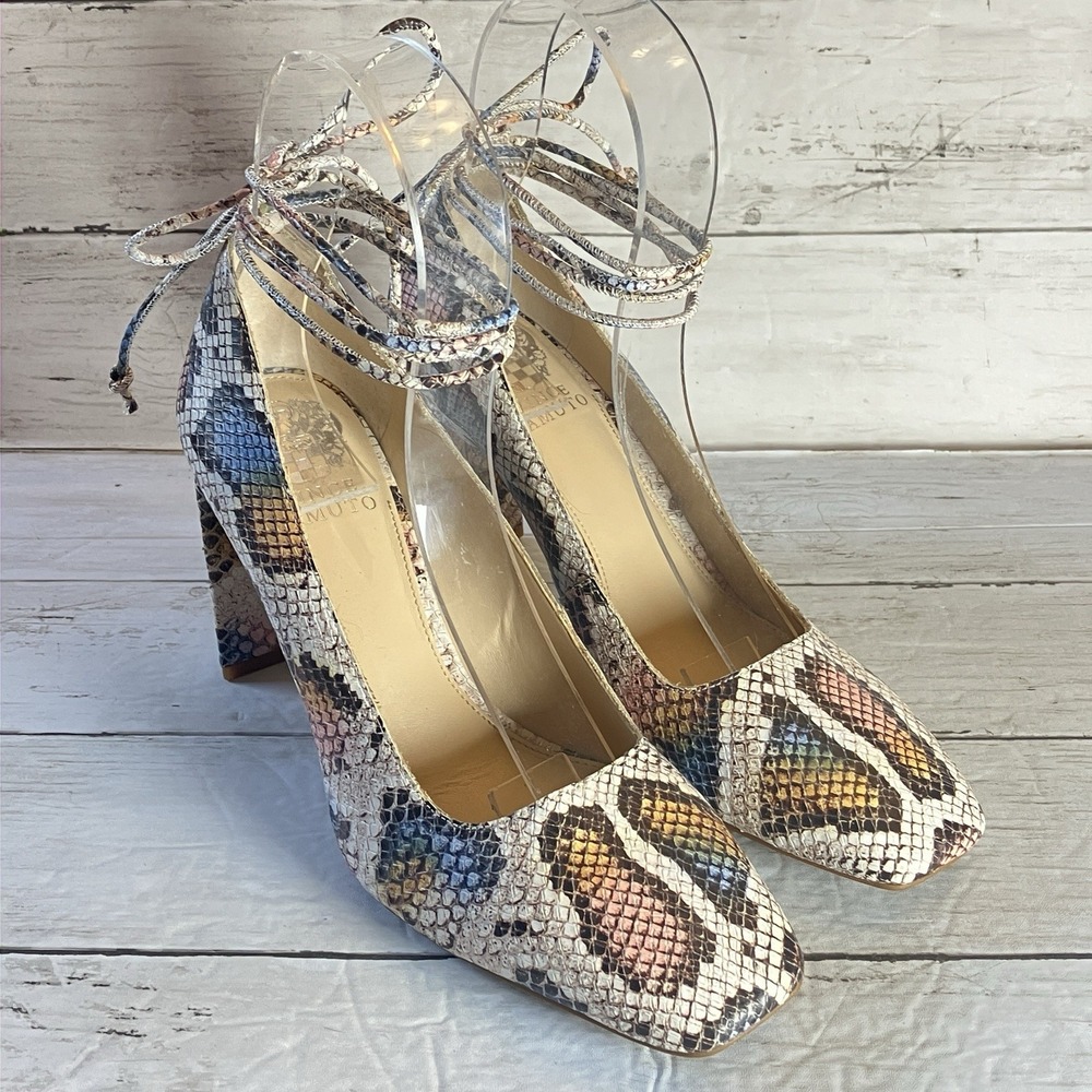 Vince Camuto Heels Womens 9 Multi Snake Strappy Pumps Leather Damell Tie Square